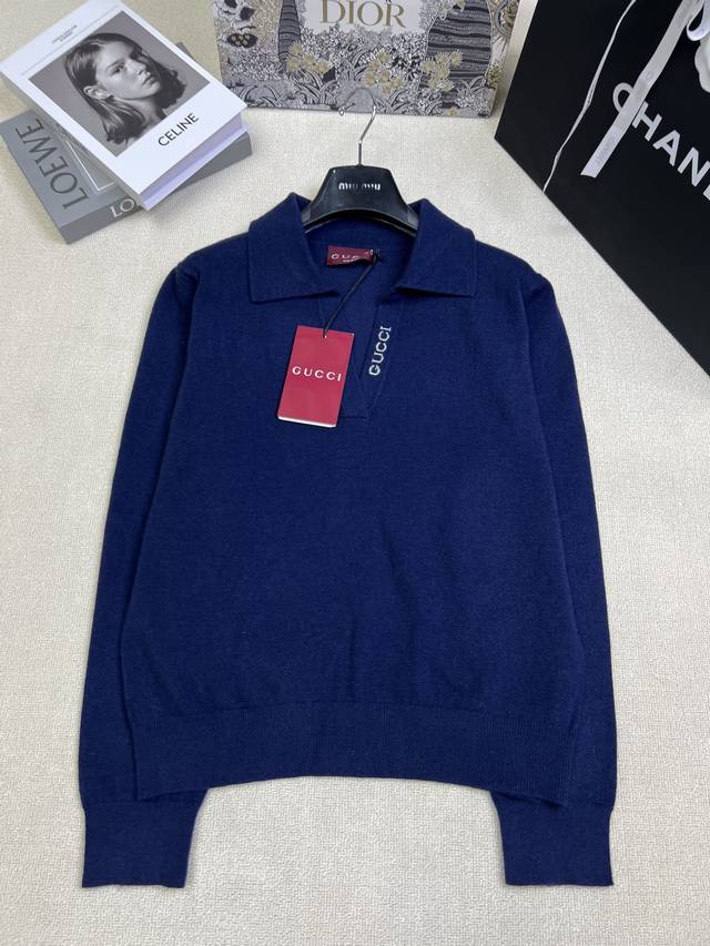 Gucc*25 Autumn/Winter New Knitted V-neck Pullover with Lapel Collar, Classic Bra