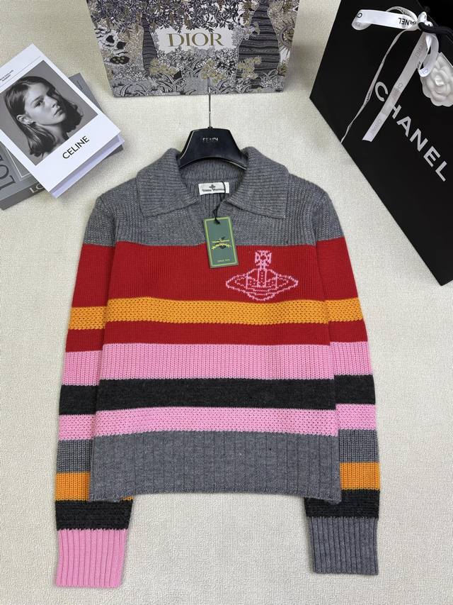 Vivienne Westwoo *25 Fall/Winter New Knitted Lapel Pullover with Two-tone Stripe