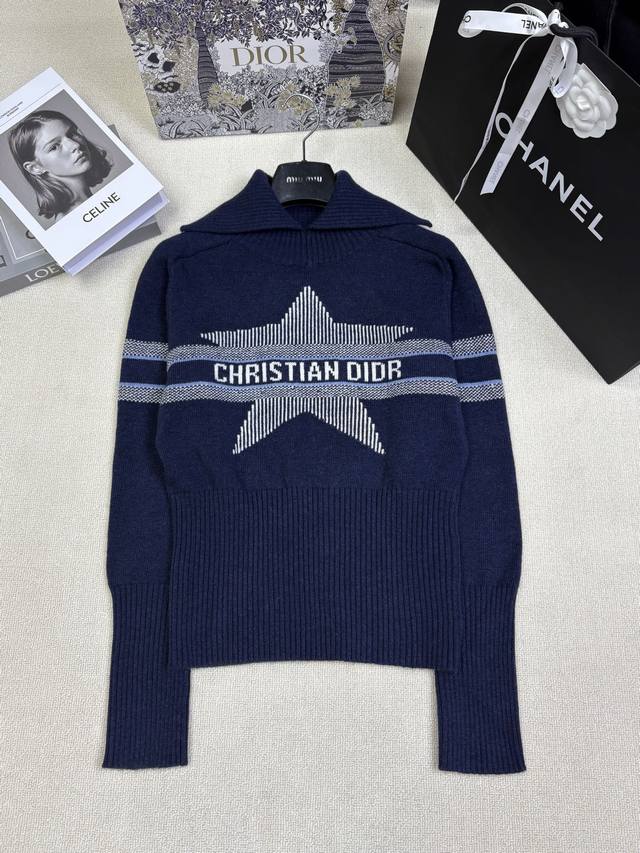 Dio*25 Ski Series Lapel Knit Pullover Classic Star Color Block Blue and White Ja