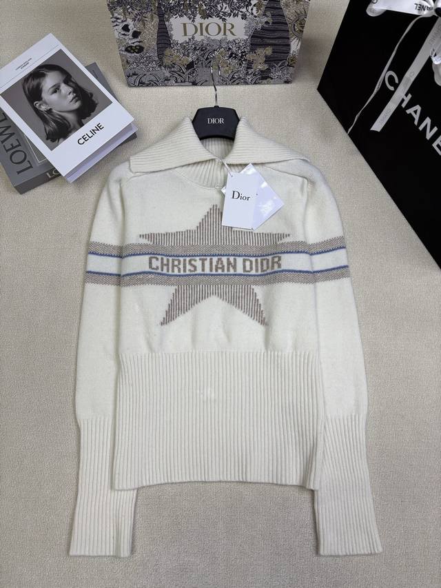 Dio*25 Ski Series Lapel Knit Pullover with Gold Star Stamping, Color-Blocked Blu