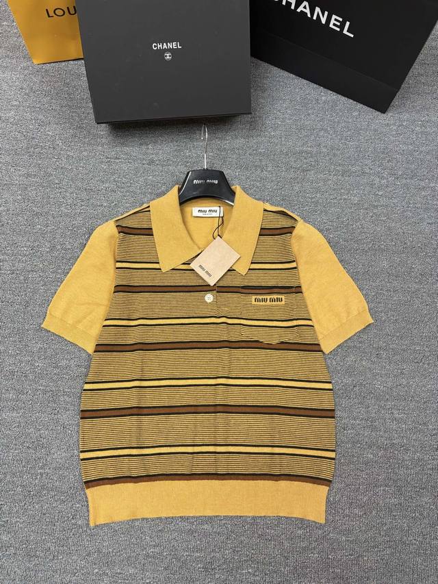 Miumi*25 Spring/Autumn New Knitted Collar Short Sleeve with Two-tone Stripes and