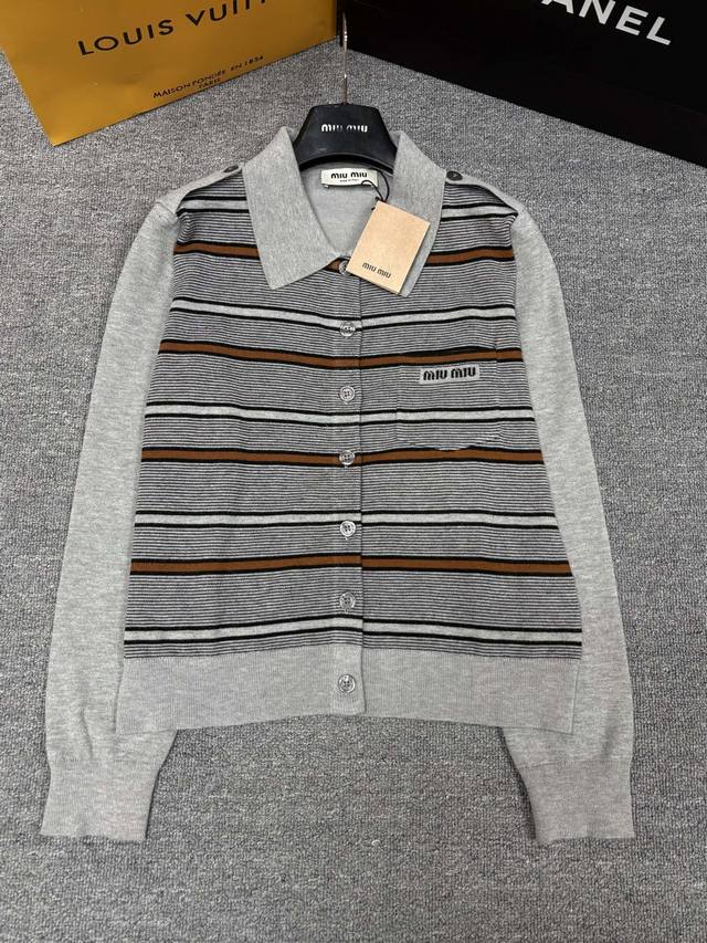 Miumi*25 Early Autumn New Knitted Lapel Cardigan with Two-tone Striped Design, C