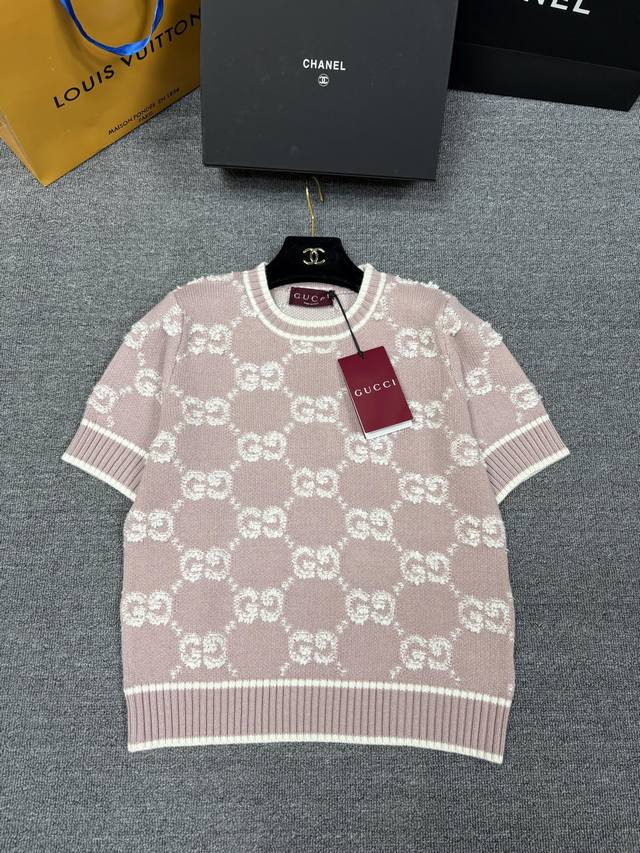 Gucc*25 Early Autumn New Knitted Round Neck Short Sleeve Classic Brand Double G