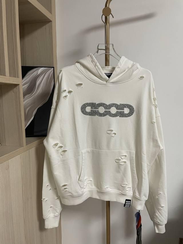 Style No. #Gd72 Goodbrand Ripped Distressed Hooded Sweatshirt, Unisex. Fabric: 6