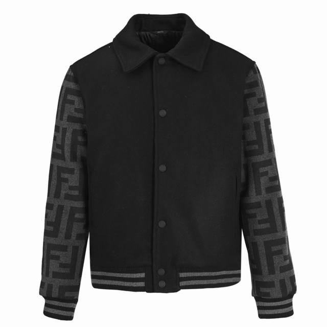 Fendi Letter Sleeve Patchwork Lapel Wool Flight Jacket. Made from a wool blend f