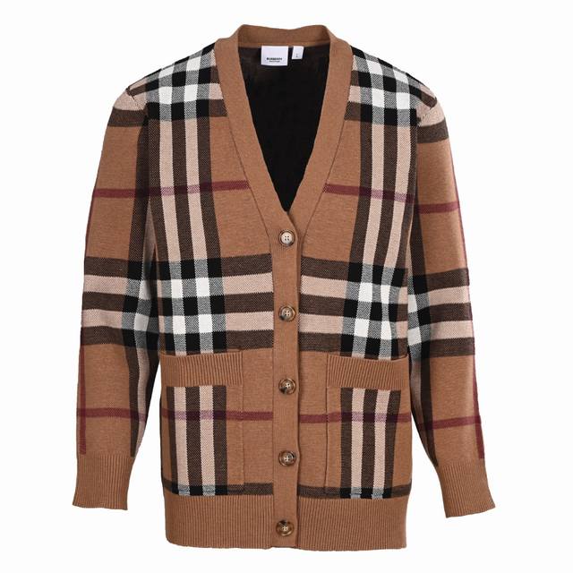 Burberry Large Check Jacquard Wool Cardigan Sweater (Ddd) Made of 51% polyester