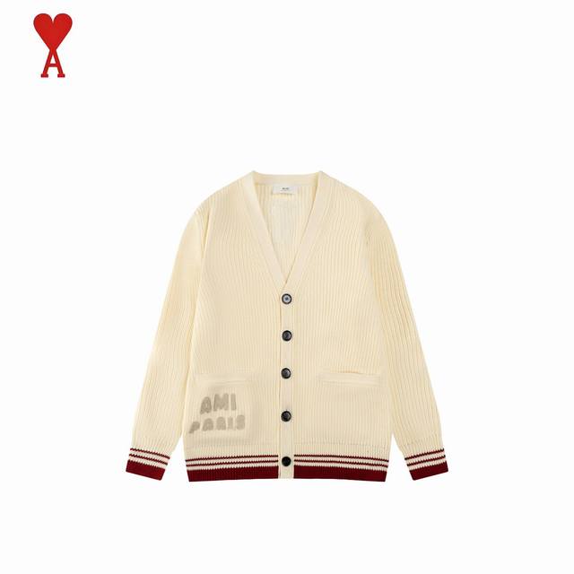 Ami24Fw Wool Cardigan with Red Trim and Heart Letter at the Hem (Ddd) Correct Cu