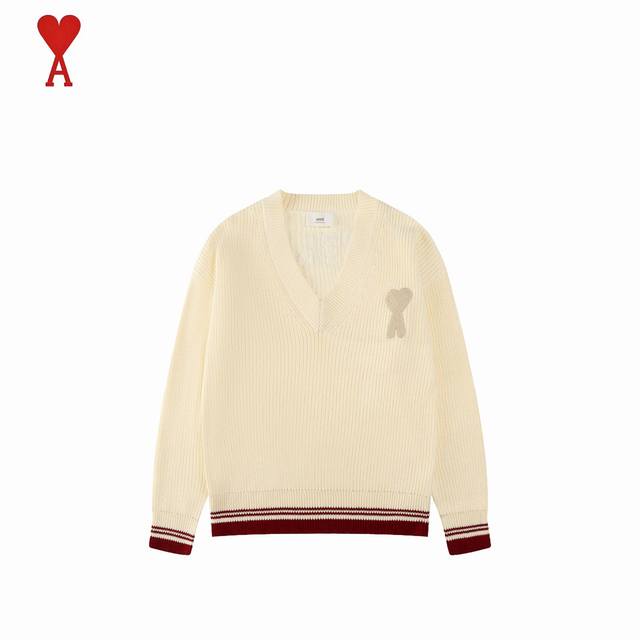 Ami24Fw Red-edged Heart Letter V-neck Knit Sweater Correct Custom-made New Butto