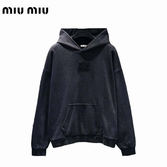 Miu Miu 25Fw Dark Pattern Black Label Hooded Sweatshirt. Made with custom-dyed t