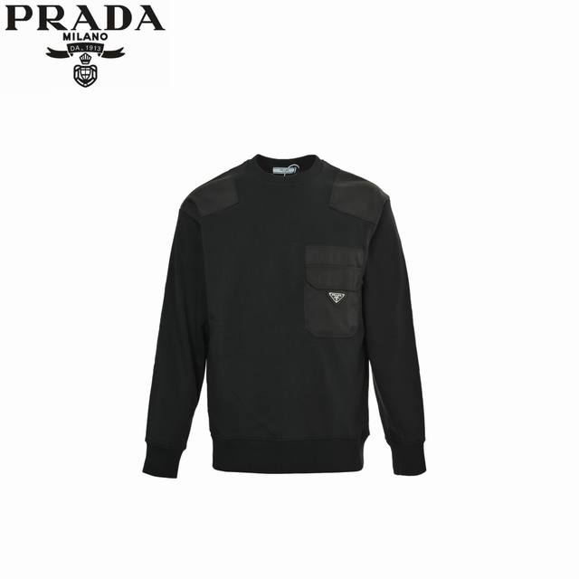 Prada Pocket Triangle Label Nylon Patchwork Crew Neck Sweatshirt. Made of 480g p
