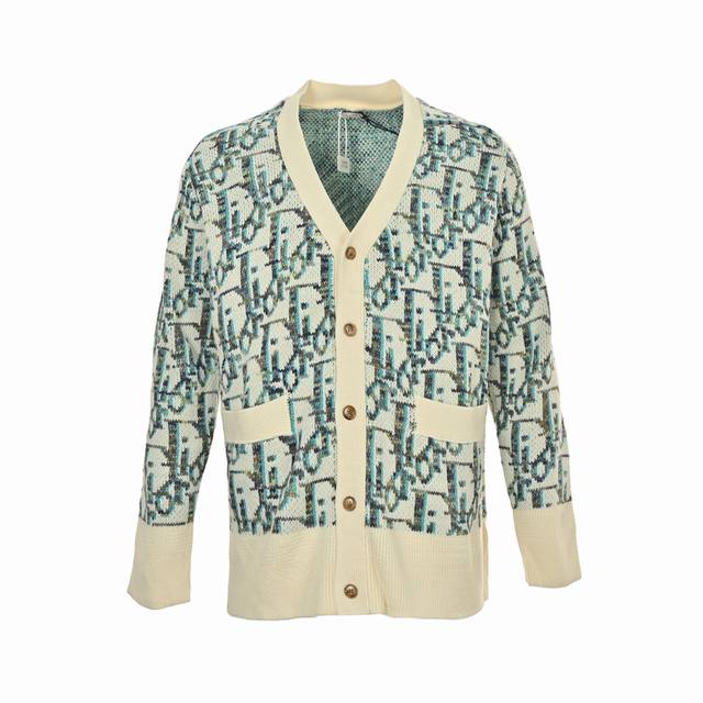 Dior Classic Monogram Jacquard Cardigan Sweater. Features custom-dyed beige, blu