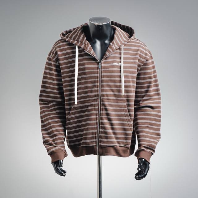 Miumiu 25Ss New Striped Logo Embroidered Hooded Zip-Up Jacket (Ddd) Made with 50