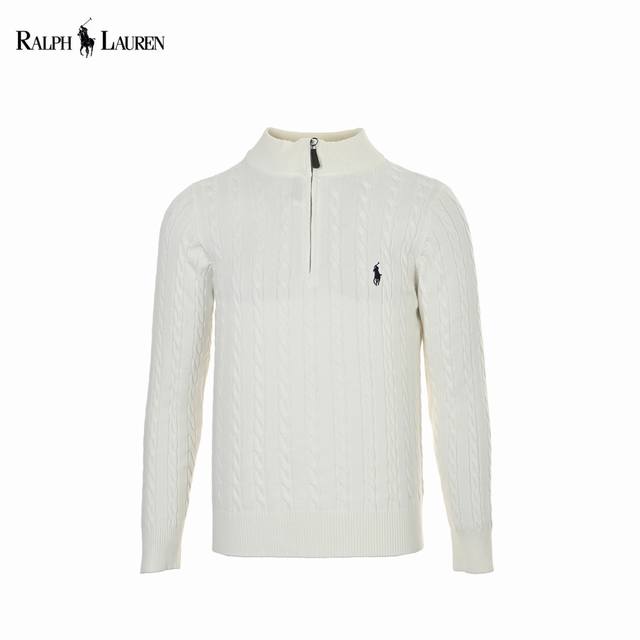 Ralph Lauren Classic Cable Knit Half-Zip Sweater. Features a high-density Behrin