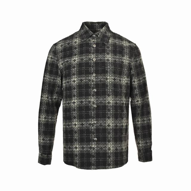 Chrome Hearts all-over print plaid shirt with leather patch cuffs. Made with cus