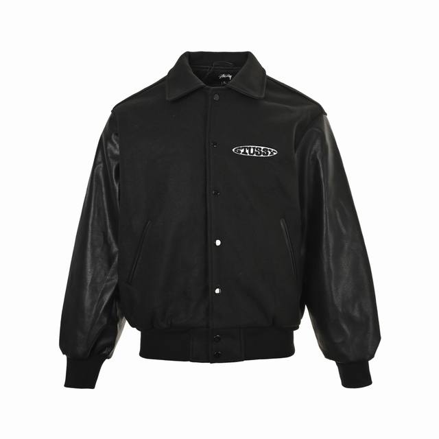 Stussy Logo Embroidered Flocked Chenille Pattern Leather Jacket This season's mu