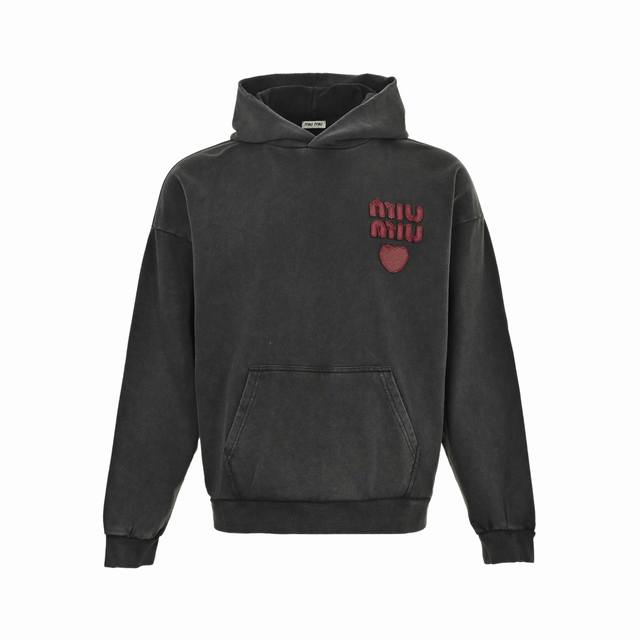 Miu Miu 25Fw Letter Heart Applique Distressed Washed Hooded Sweatshirt. Made wit