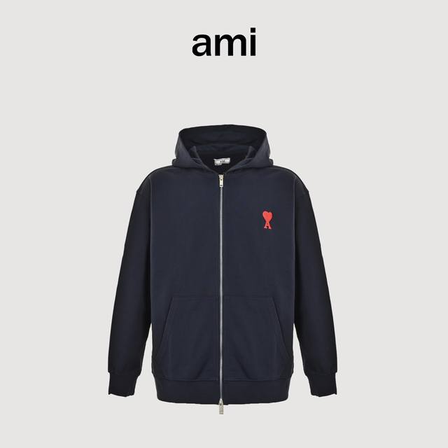 Ami Classic Heart Embroidered Zipper Jacket Early Autumn New Zipper Hooded Sweat