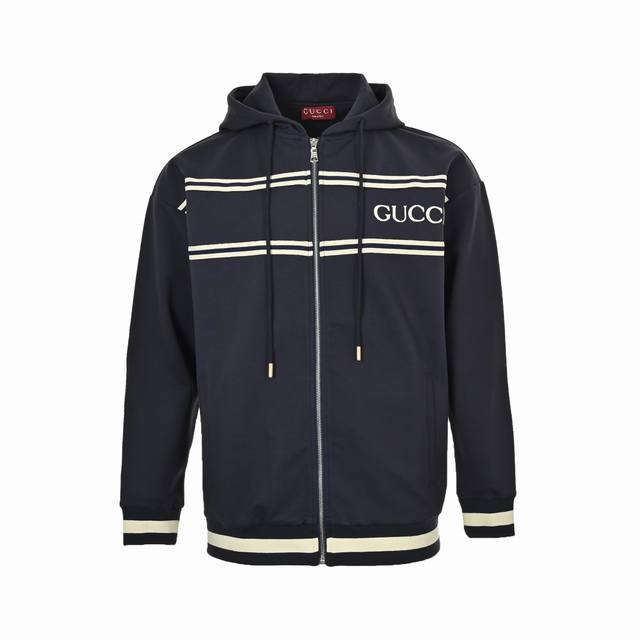 Gucci White Striped Webbing Embroidered Zip-Up Hooded Jacket. Distinguishing its