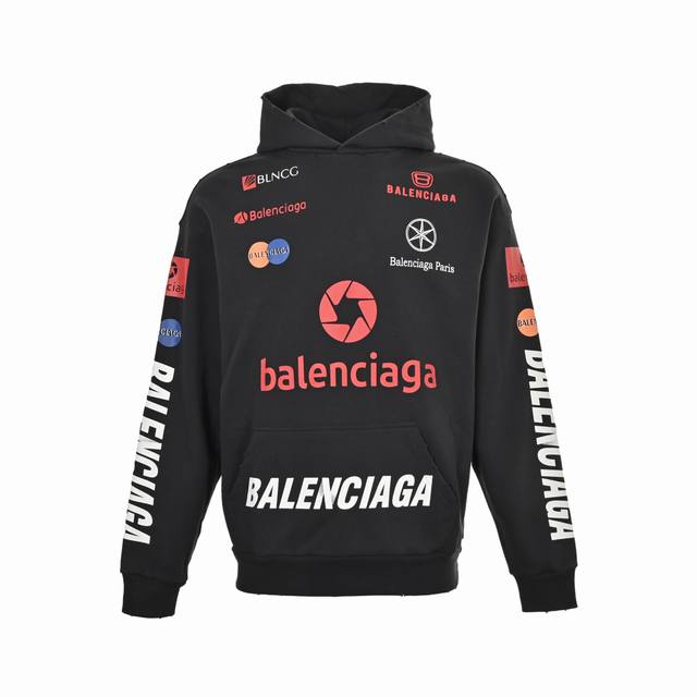 Balenciaga Multi-logo Print Hooded Sweatshirt (Ddd) A distressed, vintage-style