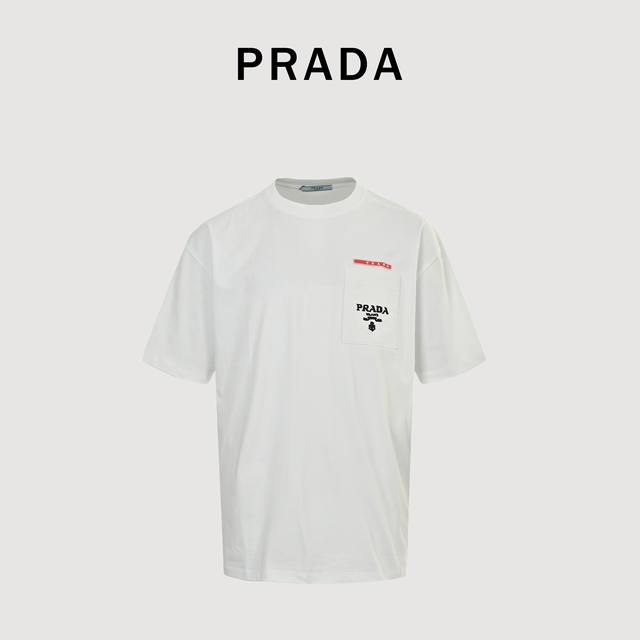 Prada 25Ss Red Silicone Trim Pocket Short-Sleeve T-Shirt. Made of 32-count doubl