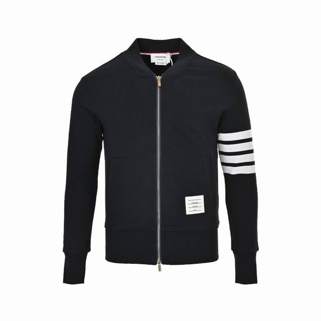 Thom Browne Four-Bar Yarn-Dyed Baseball Jacket with Zipper. Features a triangle