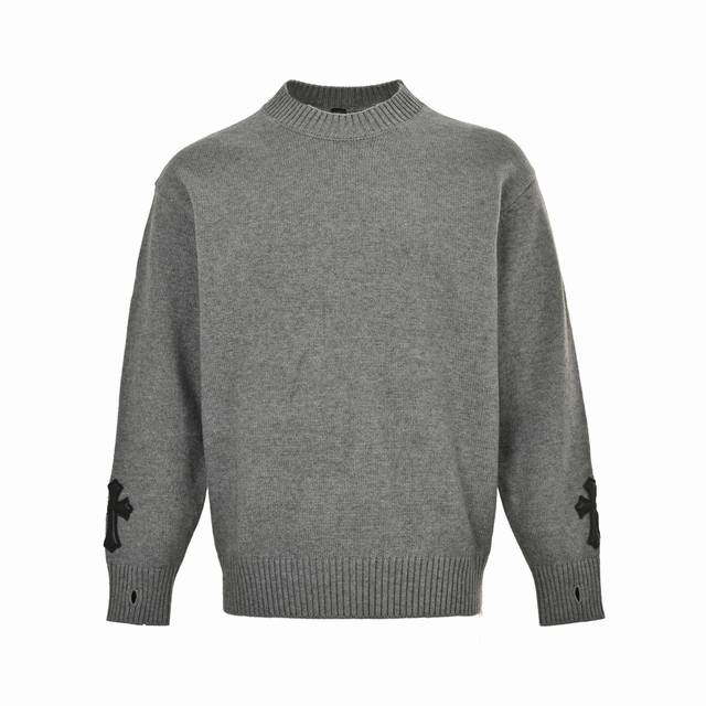 Chrome Hearts 22Fw Cross Leather Label 3D Intarsia Crew Neck Sweater This knit s