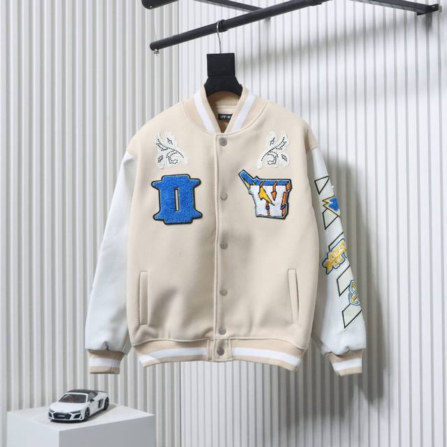 Off-White 24Ss Heavy-duty embroidered rhinestone-stamped leather baseball jacket