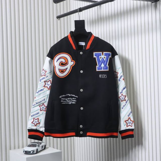 Off White leather-sleeved five-pointed star baseball jacket. After a month of or