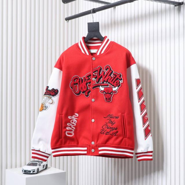 Off White Bulls Towel Embroidered Baseball Jacket 700G Dragon Phoenix Nylon Fabr