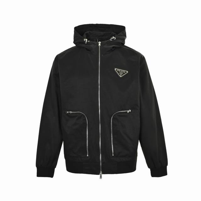 Prada Triangle Logo Zipper Hooded Jacket. Made from 100% cotton greige fabric, t