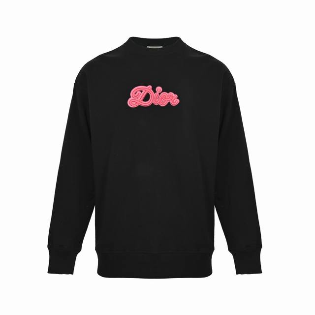 Dior 25Fw Fluorescent Pink Embroidered Logo Crew Neck Sweatshirt. Made with 420g