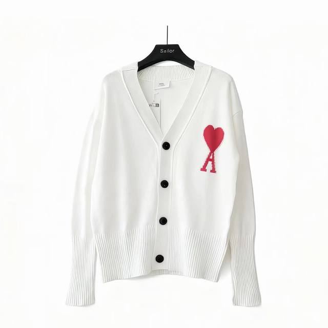 Real shot details + size chart Ami Macaron Color Heart Jacquard Knitted Button-d