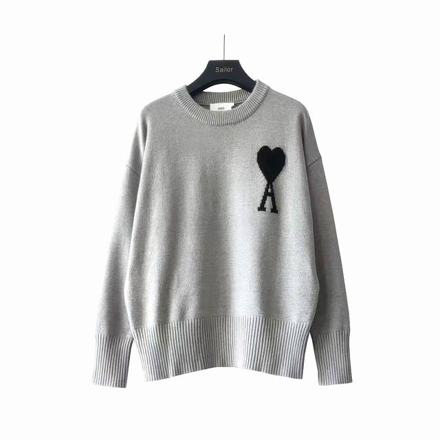 Real shot details + size chart Ami Macaron Color Heart Jacquard Knit Crew Neck L