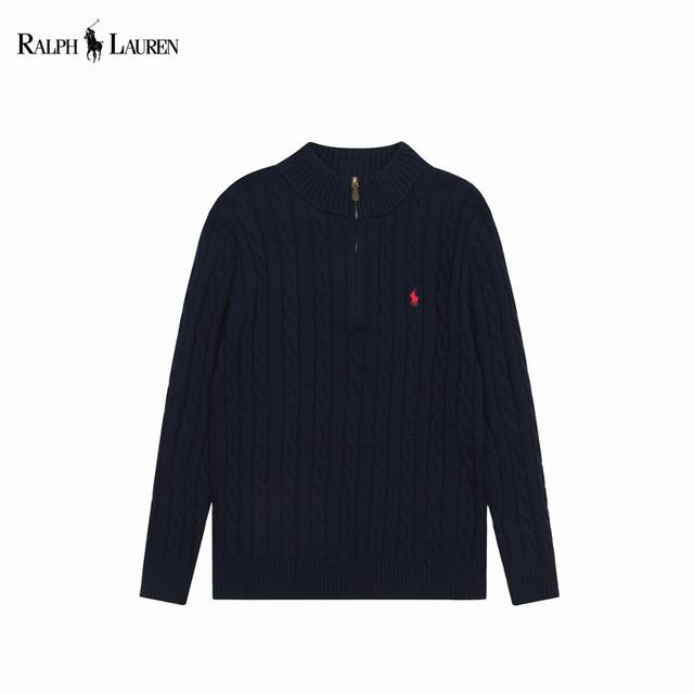 Ralph Lauren Classic Cable Knit Half-Zip Sweater. Features a high-density Behrin