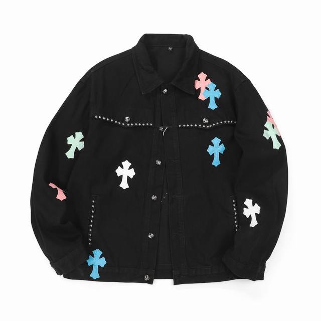 High-quality Chrome Hearts denim jacket with studded leather label, unisex. A su