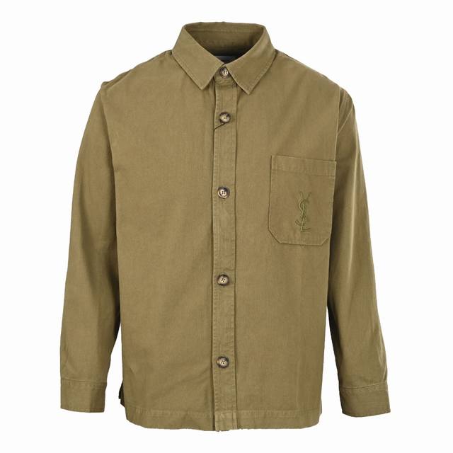 YSL Saint Laurent Embroidered Pocket Button-Down Collar Long-Sleeve Shirt Jacket