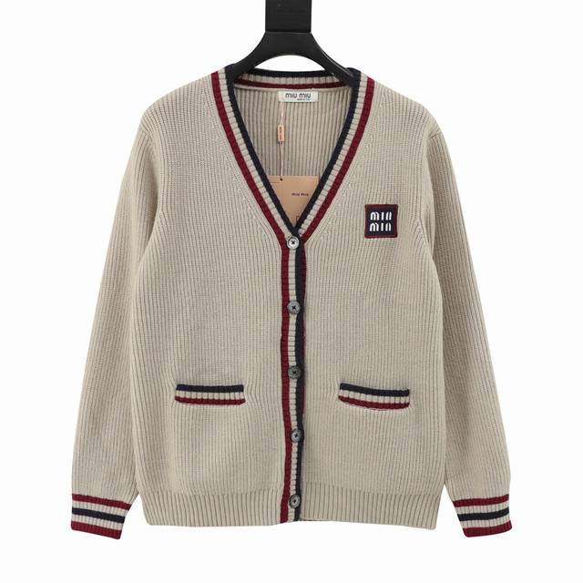 Miumiu Embroidered Logo Letter Cardigan Knit Sweater Layering and Mixing Style R