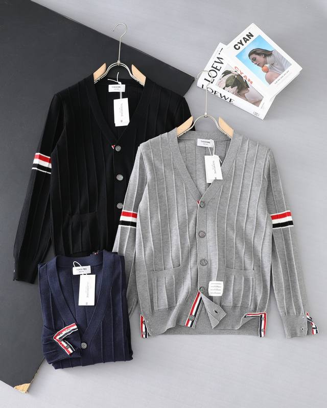 Authentic Thom Browne Double-Sleeve Yarn-Knit Striped V-Neck Wool Cardigan, sold