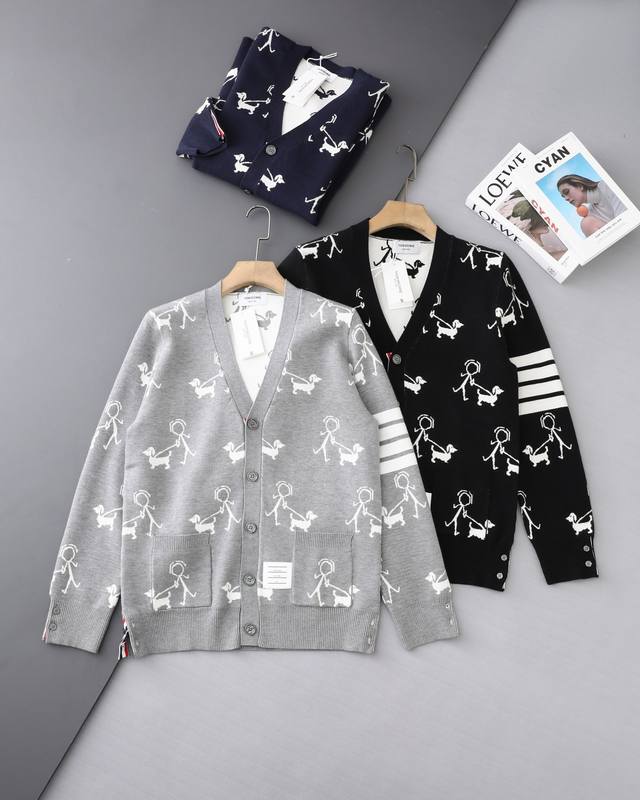 Authentic Thom Browne Stick Figure Dog Walking Jacquard Wool Cardigan, available