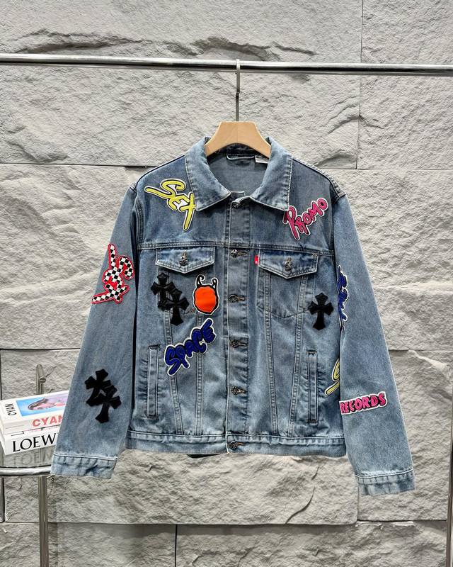 Chrome Hearts 2025 New Cartoon Letter Patchwork Cross Patchwork Denim Jacket fo