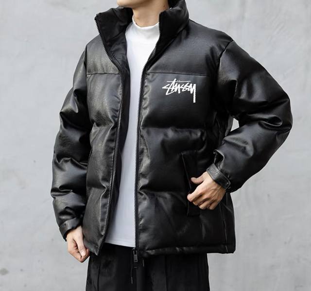 Stussy Winter Leather Jacket, Leather Coat, Leather Cotton-padded Coat High-end