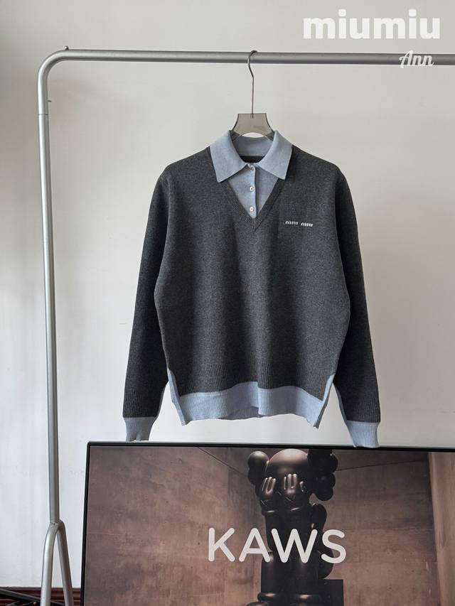 Miumiu 25Fw Wool Blend Morandi Polo Collar Color Block Faux Two-Piece Long-Sleev