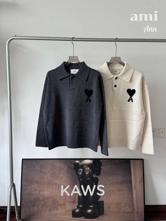 Ami Paris 25Fw Solid Color Wool Polo Shirt with Heart Logo on Chest (Ddd) Core F