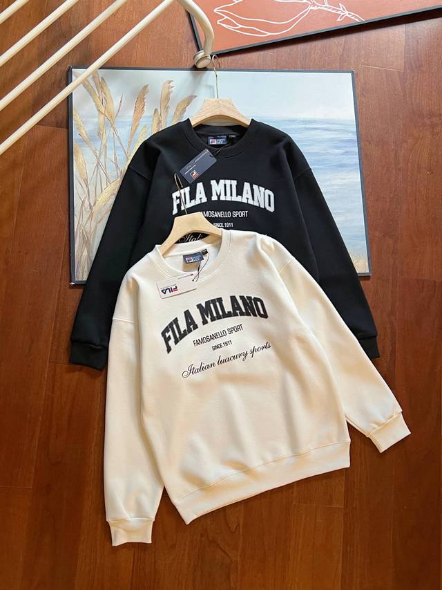 Fleece-lined, Fila official men's pullover crew neck sweatshirt, casual and comf