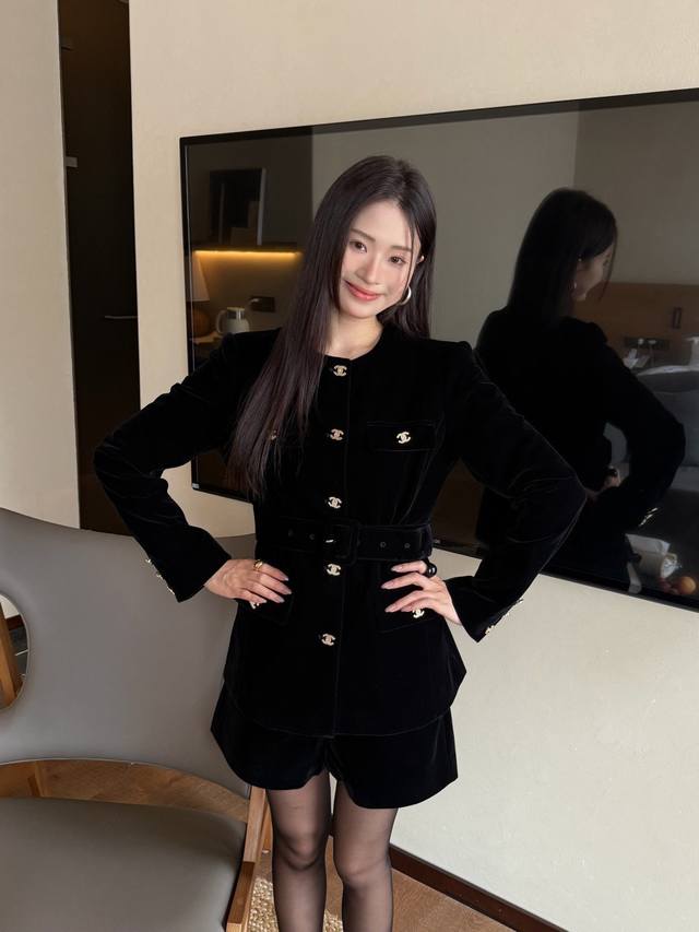 New Arrival! Chanel Mini Velvet Jacket with Double C Buttons and Belt. So sophis