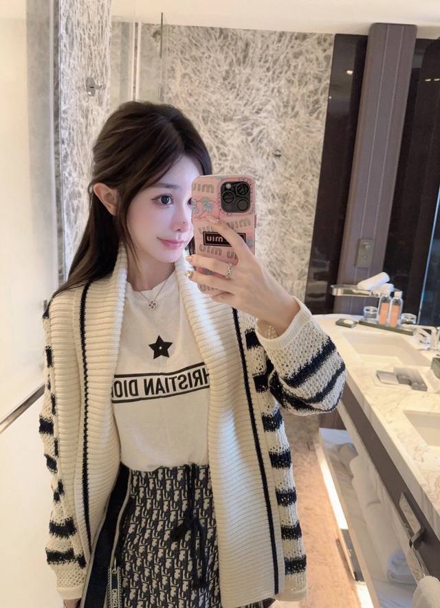 New Arrival! Dior Striped Hollow-Out Skirt with Tie-Up Knit Cardigan ~ Haute Cou