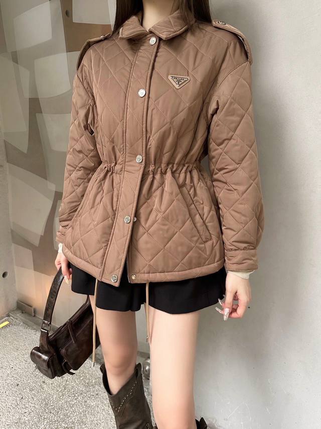 New Arrival! Prad* 2025 New Arrival: Diamond Pattern Hooded Drawstring Waist-cin