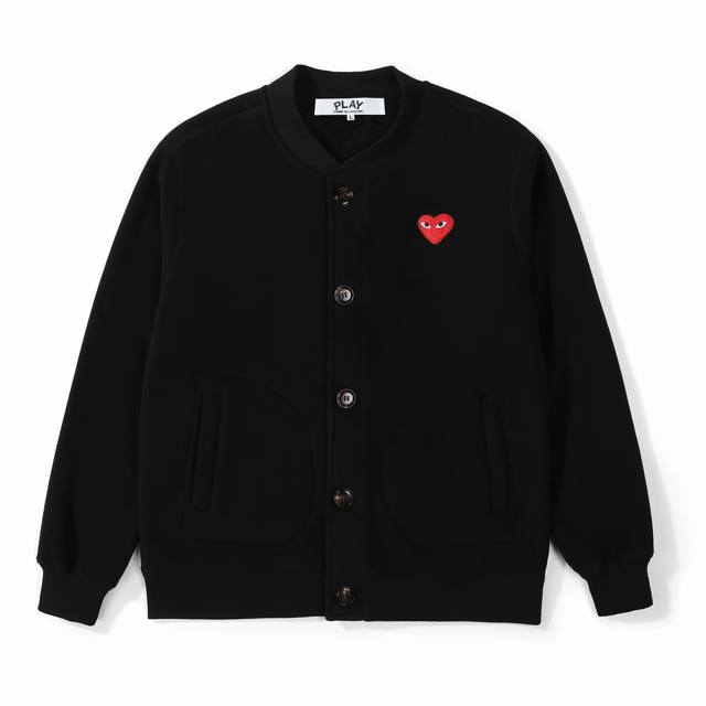 Cdg Play Comme des Gar?ons Rei Heart Embroidered Retro Fleece Baseball Jacket. C