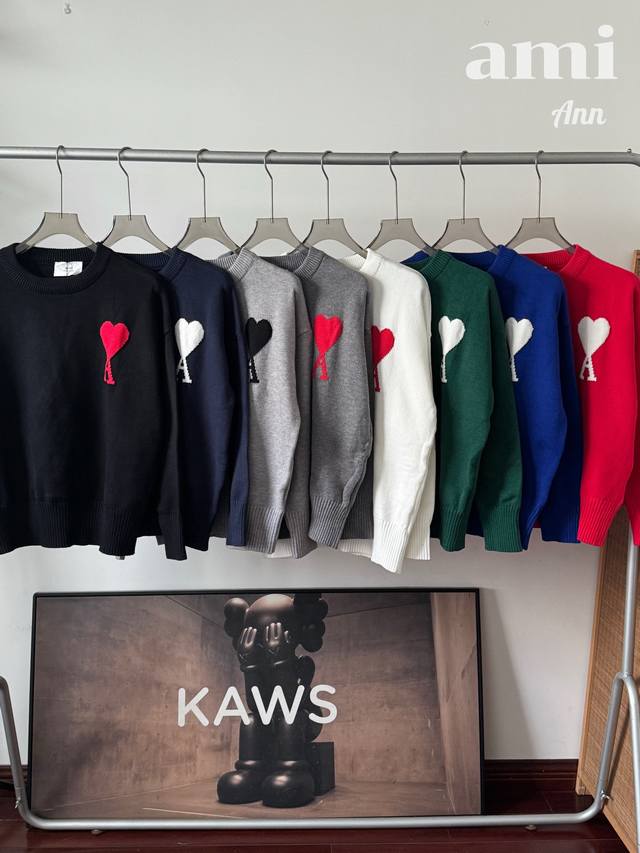 Ami Paris Heart Jacquard Wool Blend Crew Neck Sweater, Unisex. This unisex sweat