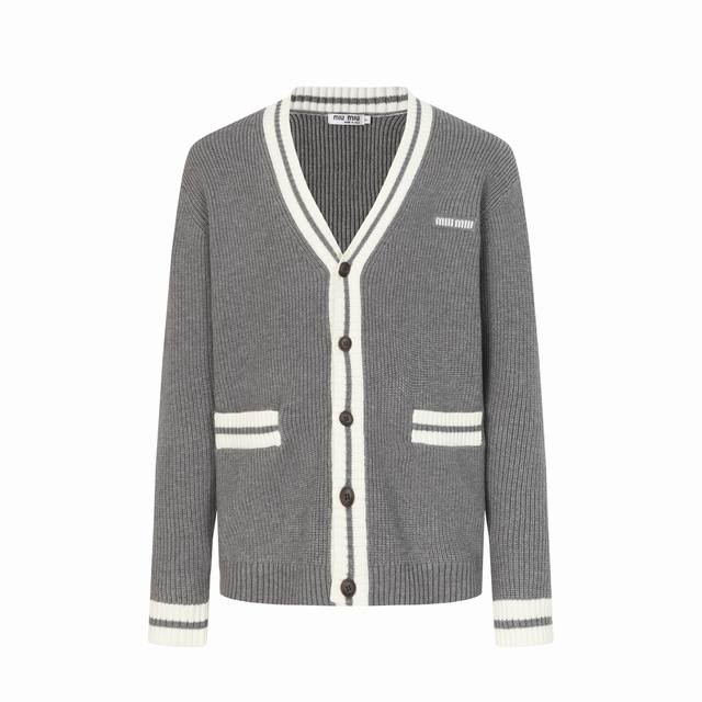 Miu Miu Ribbed Color-Blocked V-Neck Single-Breasted Long-Sleeve Cashmere Sweater